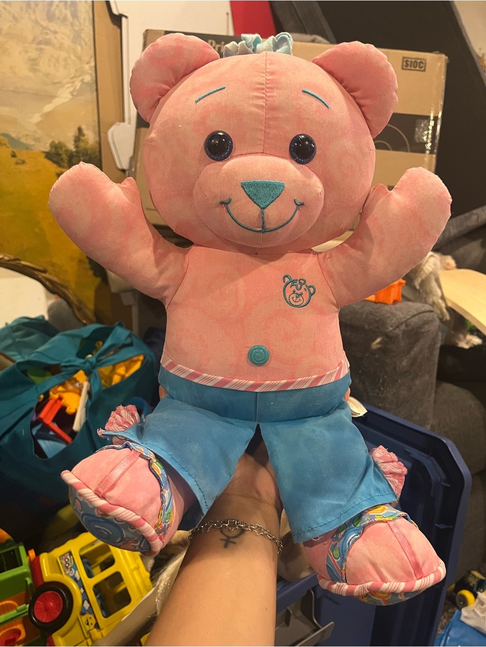 Doodle Bear Pink Blue Bear Plush Stuffed Animal Blue Pants Washable 2007 Y2K